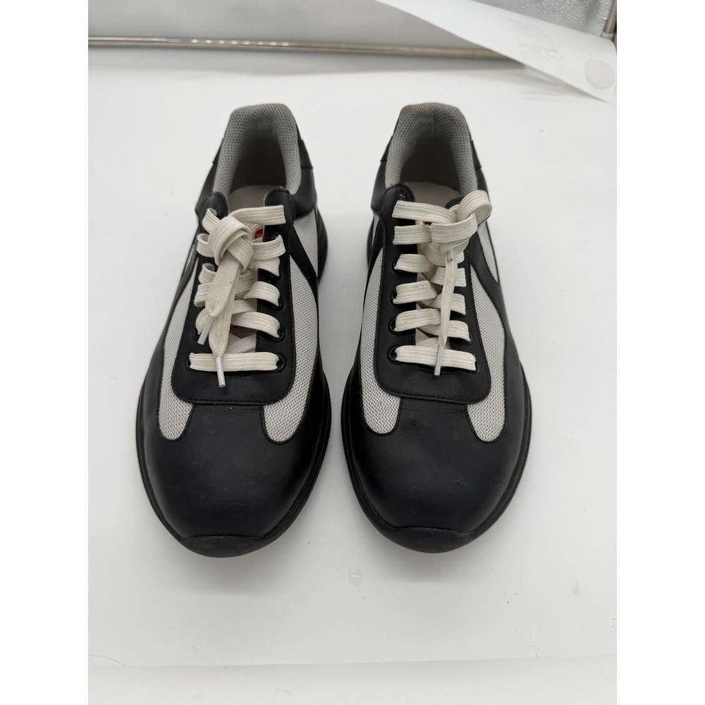 Prada Americas Cup Sneakers Black Silver Leather Mesh Low Top A023 45 Mens 11.5